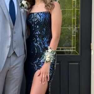 Navy blue sequin prom dress with leg slit